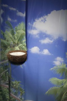 UV print on PVC sheet, coconut shell, wax, coconut essential oil, metal hook, shampoo bottle, silicone, Carrara marble, dimensions variable