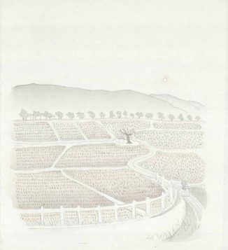 簡翊洪,《秋收的稻田》,2021,水墨設色紙本, 28x28cm